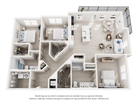 Floor plan for 3 beds, 2 baths, 1515 sqft